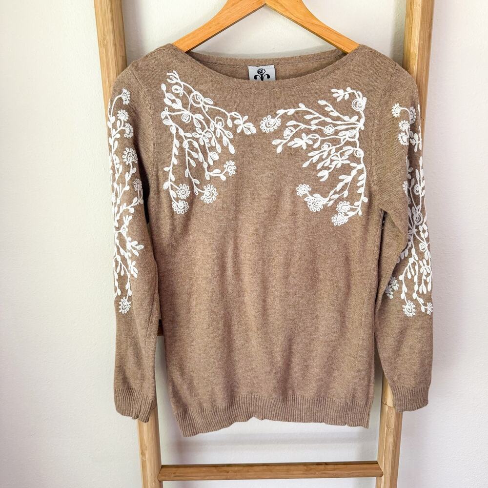 Rain + Rose Embroidered Floral Sweater Tan Beige Angora Blend XS